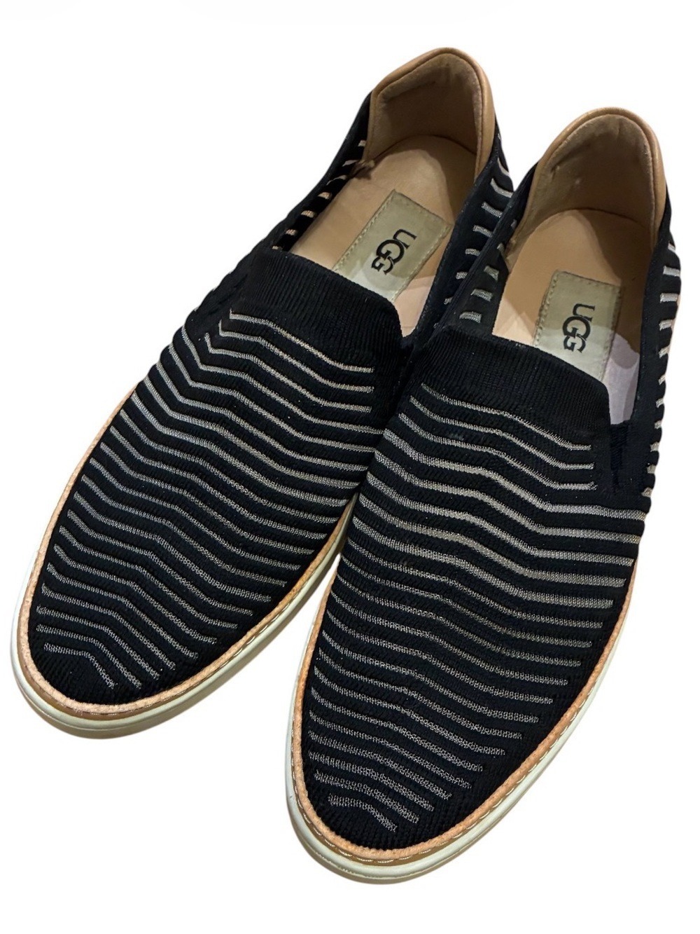 UGG Sz 8 Black Metallic Knit Striped Slip-On Sneakers Leather Trim Shoes Nice! - Picture 6 of 9